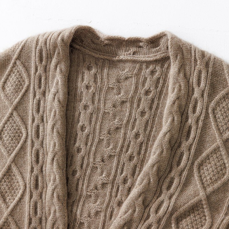 Womens 100% Cashmere Cardigan With Sash Cable - Knit Coat Taupe One size fits most