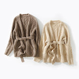 Womens 100% Cashmere Cardigan With Sash Cable - Knit Coat Taupe One size fits most