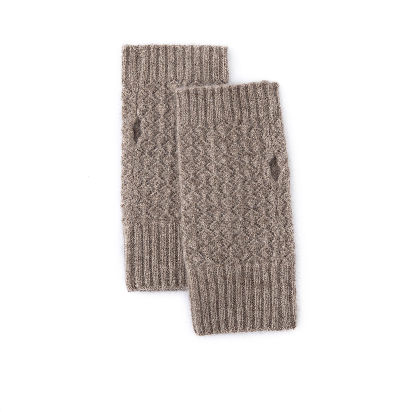 Womens 100% Cashmere Fingerless Gloves Diamond Knit Cashmere Hand Warmers Taupe M