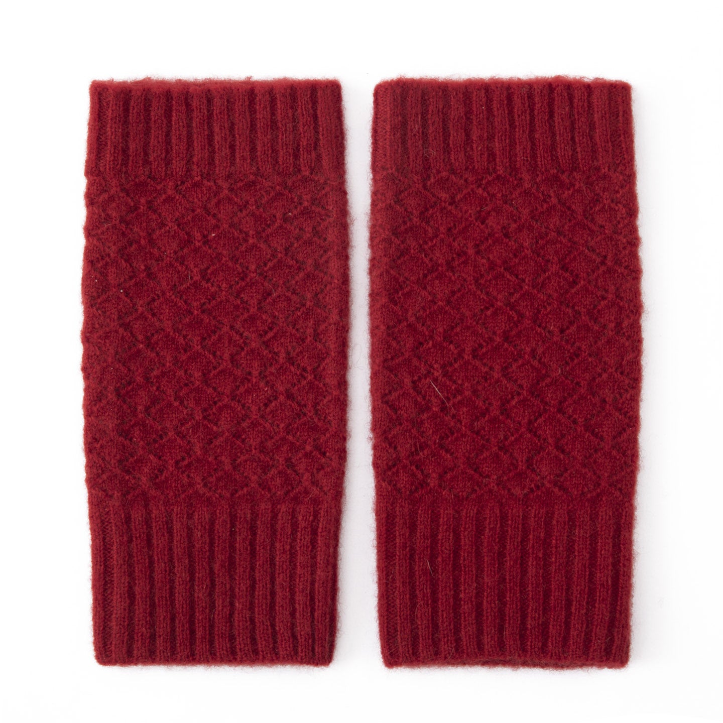 Womens 100% Cashmere Fingerless Gloves Diamond Knit Cashmere Hand Warmers Claret M