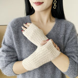 Womens 100% Cashmere Fingerless Gloves Diamond Knit Cashmere Hand Warmers Beige M