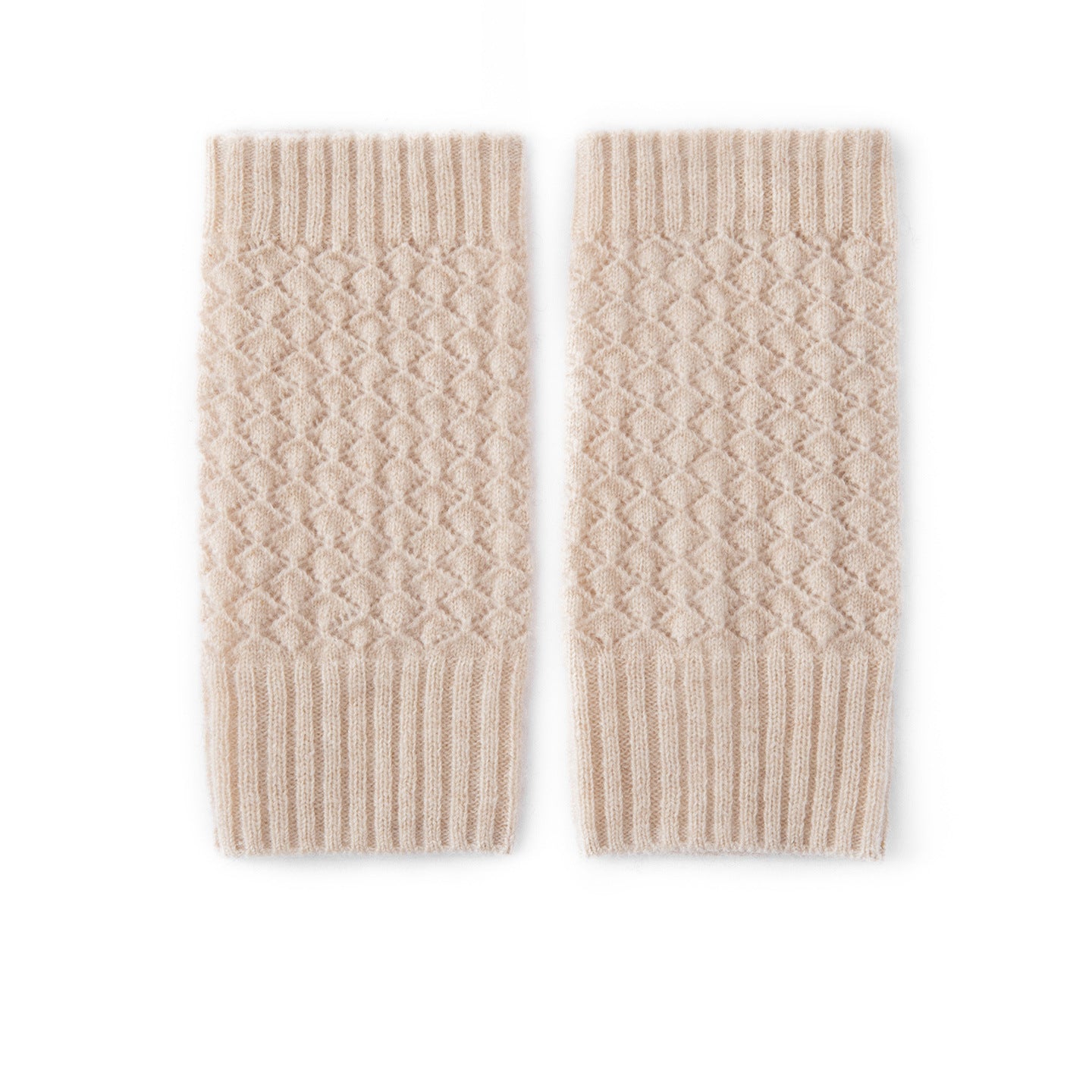 Womens 100% Cashmere Fingerless Gloves Diamond Knit Cashmere Hand Warmers Beige M