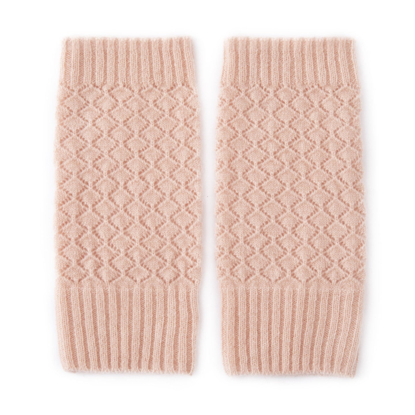 Womens 100% Cashmere Fingerless Gloves Diamond Knit Cashmere Hand Warmers Pink M