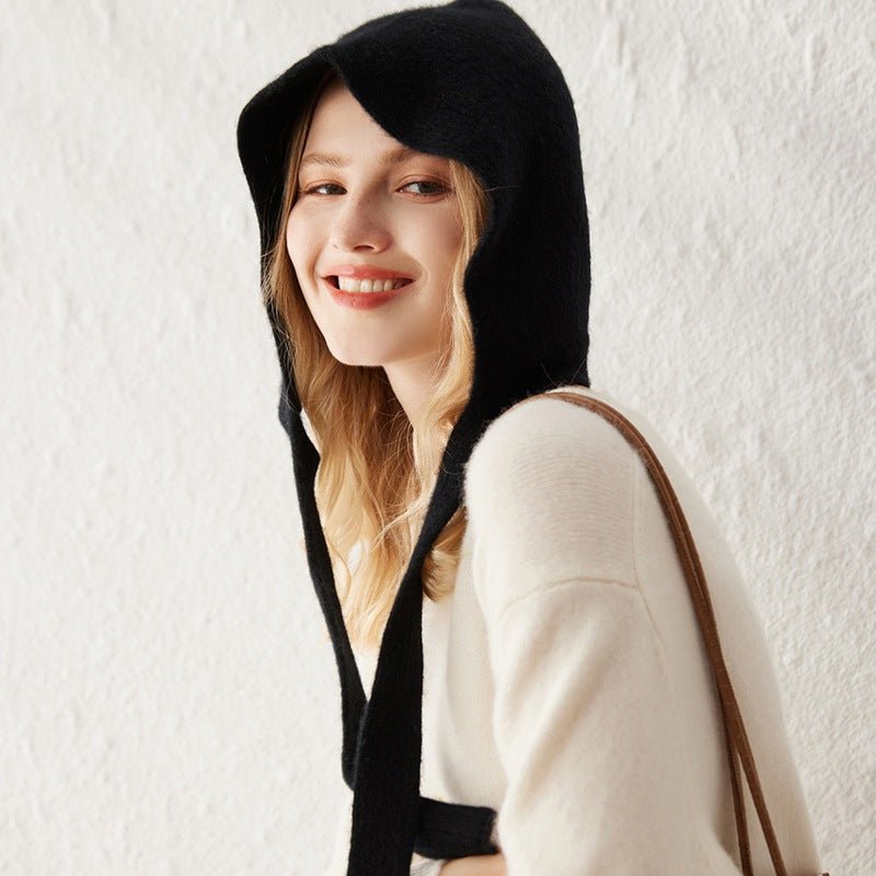 Womens 100% Cashmere Knit Hood with Ties Cashmere Hood Hat Black M