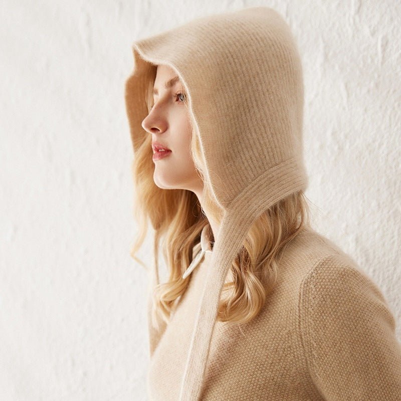Womens 100% Cashmere Knit Hood with Ties Cashmere Hood Hat Beige M