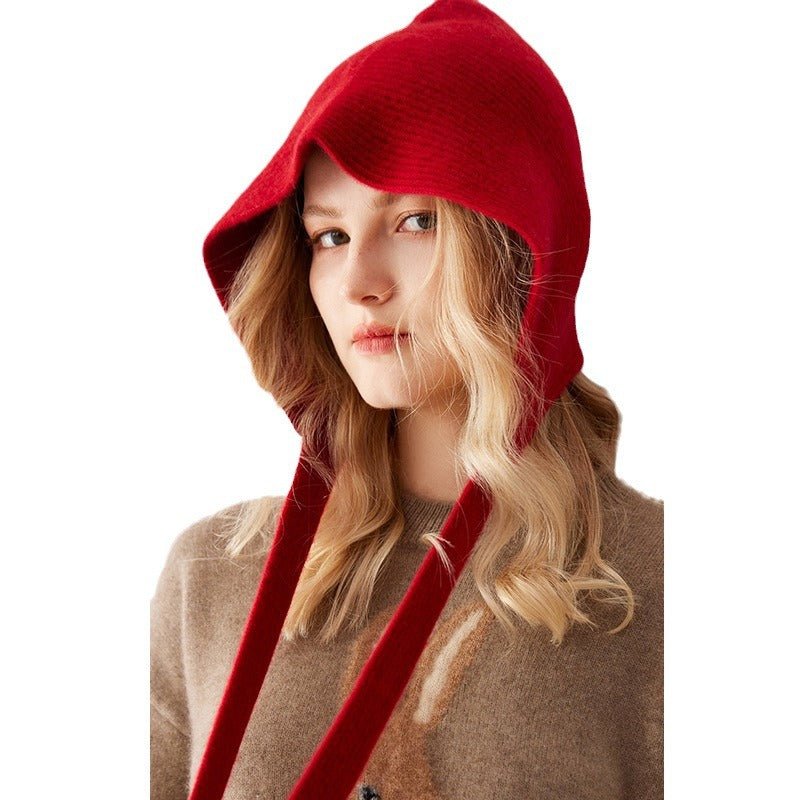 Womens 100% Cashmere Knit Hood with Ties Cashmere Hood Hat Red M