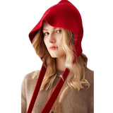 Womens 100% Cashmere Knit Hood with Ties Cashmere Hood Hat Red M