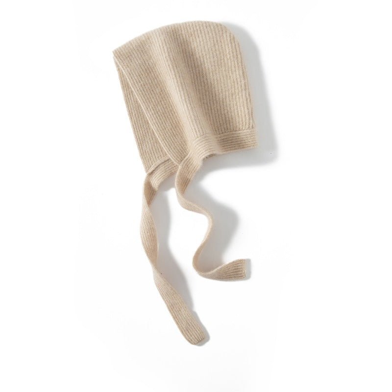 Womens 100% Cashmere Knit Hood with Ties Cashmere Hood Hat Beige M