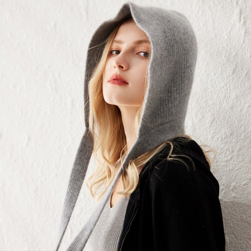 Womens 100% Cashmere Knit Hood with Ties Cashmere Hood Hat Grey M