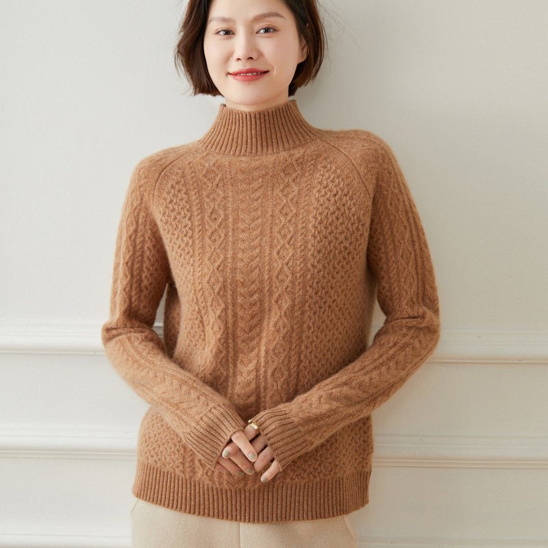 Womens Cashmere Sweater Turtleneck Cable - Knit Cashmere Blouses Tops Camel XS
