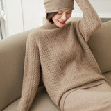 Womens Cashmere Sweater Turtleneck Cable - Knit Cashmere Blouses Tops Taupe XS
