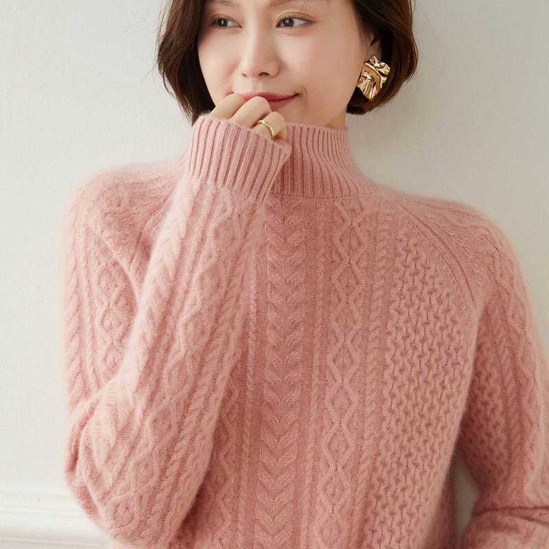 Womens Cashmere Sweater Turtleneck Cable - Knit Cashmere Blouses Tops Pink XS