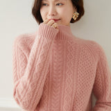 Womens Cashmere Sweater Turtleneck Cable - Knit Cashmere Blouses Tops Pink XS