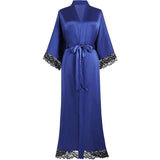 Womens 100% Silk Kimono With Lace Silk Robe Navy Blue One size fits most