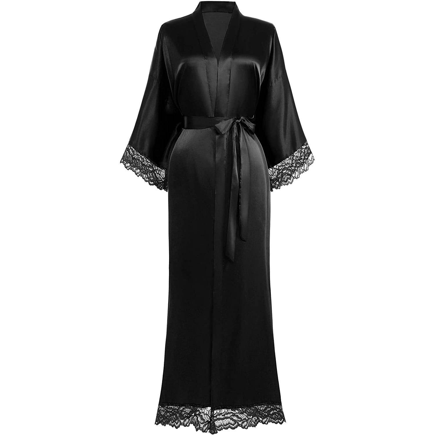 Womens 100% Silk Kimono With Lace Silk Robe Black One size fits most