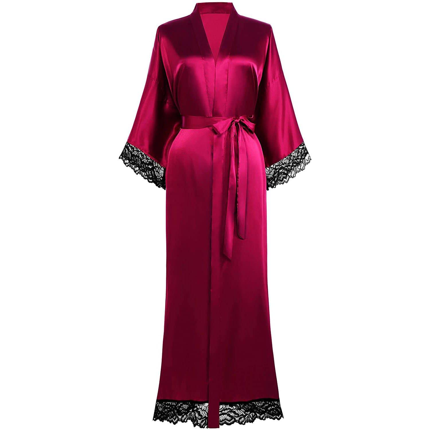 Womens 100% Silk Kimono With Lace Silk Robe Claret One size fits most