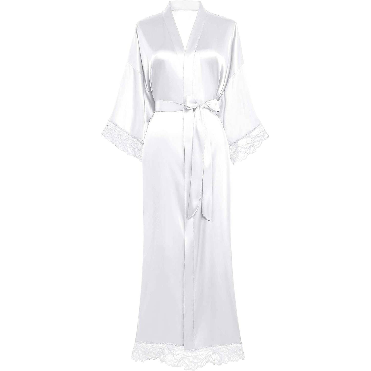 Womens 100% Silk Kimono With Lace Silk Robe White One size fits most