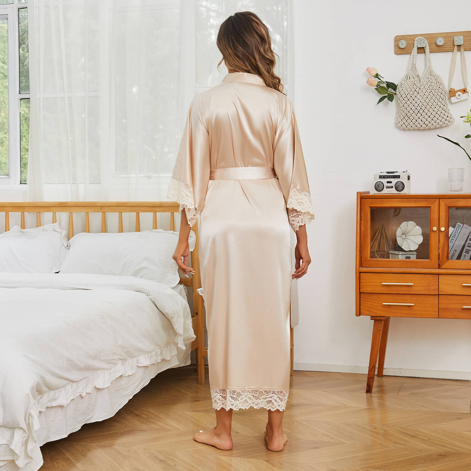 Womens 100% Silk Kimono With Lace Silk Robe Champagne One size fits most