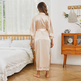 Womens 100% Silk Kimono With Lace Silk Robe Champagne One size fits most