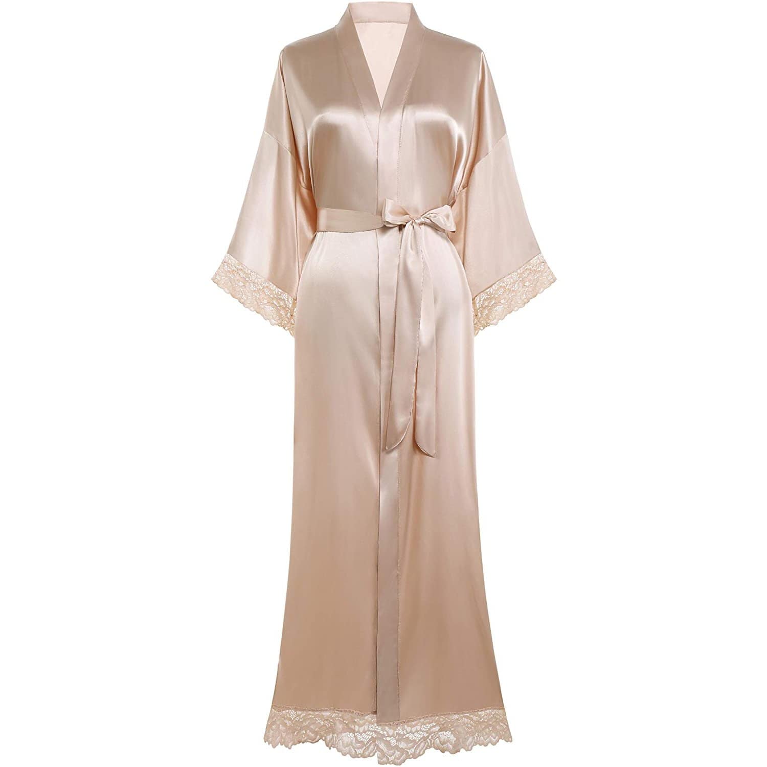 Womens 100% Silk Kimono With Lace Silk Robe Champagne One size fits most