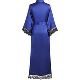 Womens 100% Silk Kimono With Lace Silk Robe Navy Blue One size fits most