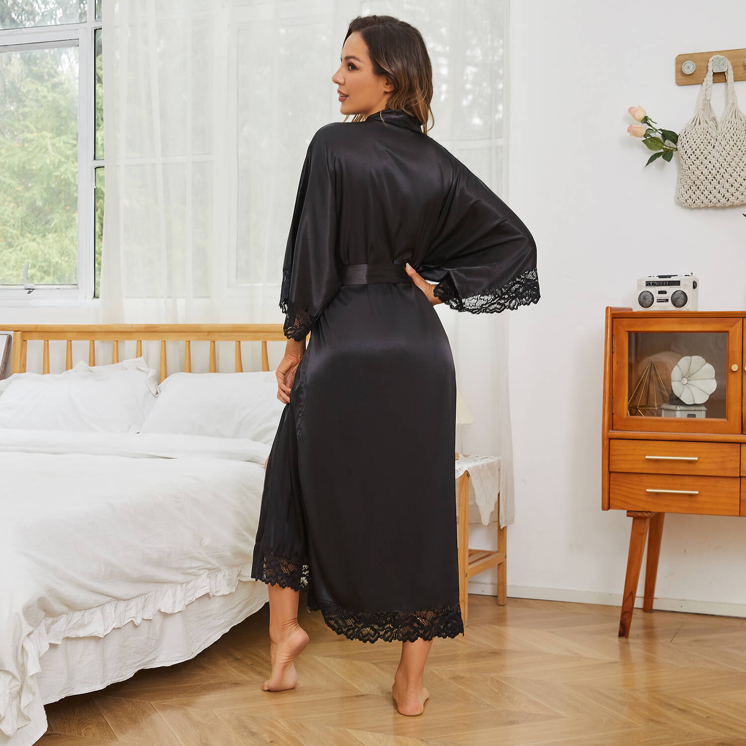 Womens 100% Silk Kimono With Lace Silk Robe Champagne One size fits most