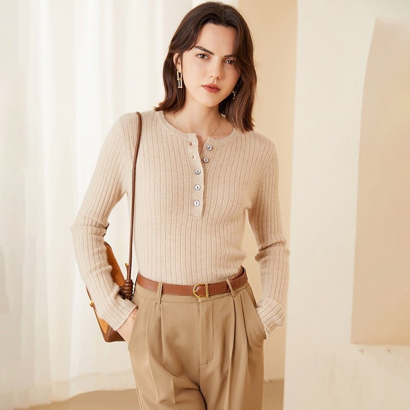 Womens Ribbed Cashmere Henley Sweater Crewneck And Button Cashmere Sweater Beige XS
