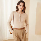 Womens Ribbed Cashmere Henley Sweater Crewneck And Button Cashmere Sweater Beige XS