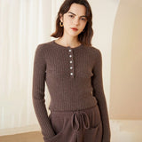 Womens Ribbed Cashmere Henley Sweater Crewneck And Button Cashmere Sweater Coffee XS