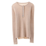 Womens Ribbed Cashmere Henley Sweater Crewneck And Button Cashmere Sweater Beige XS