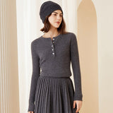 Womens Ribbed Cashmere Henley Sweater Crewneck And Button Cashmere Sweater Dark Gray XS