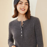 Womens Ribbed Cashmere Henley Sweater Crewneck And Button Cashmere Sweater Dark Gray XS