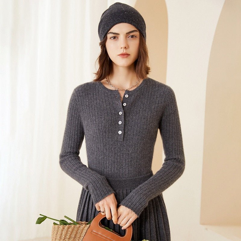 Womens Ribbed Cashmere Henley Sweater Crewneck And Button Cashmere Sweater Dark Gray XS