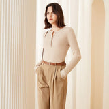 Womens Ribbed Cashmere Henley Sweater Crewneck And Button Cashmere Sweater Beige XS