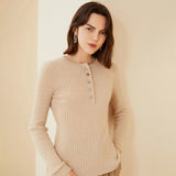 Womens Ribbed Cashmere Henley Sweater Crewneck And Button Cashmere Sweater Beige XS