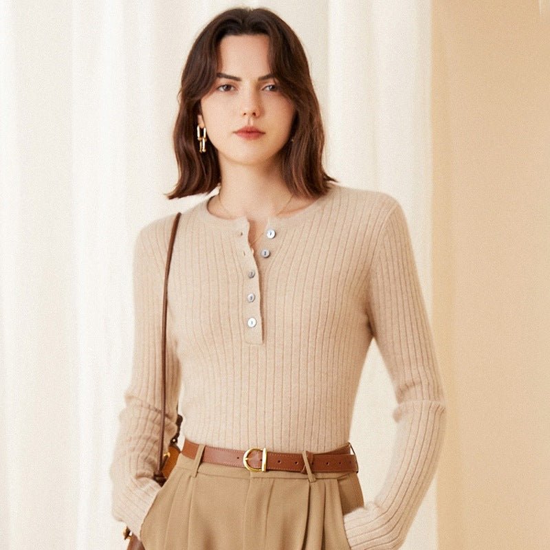 Womens Ribbed Cashmere Henley Sweater Crewneck And Button Cashmere Sweater Beige XS