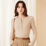 Womens Ribbed Cashmere Henley Sweater Crewneck And Button Cashmere Sweater Beige XS