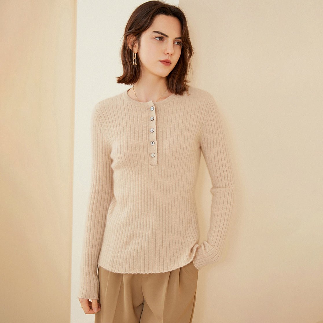 Womens Ribbed Cashmere Henley Sweater Crewneck And Button Cashmere Sweater Beige XS
