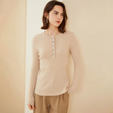 Womens Ribbed Cashmere Henley Sweater Crewneck And Button Cashmere Sweater Beige XS