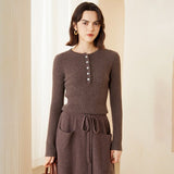 Womens Ribbed Cashmere Henley Sweater Crewneck And Button Cashmere Sweater Coffee XS