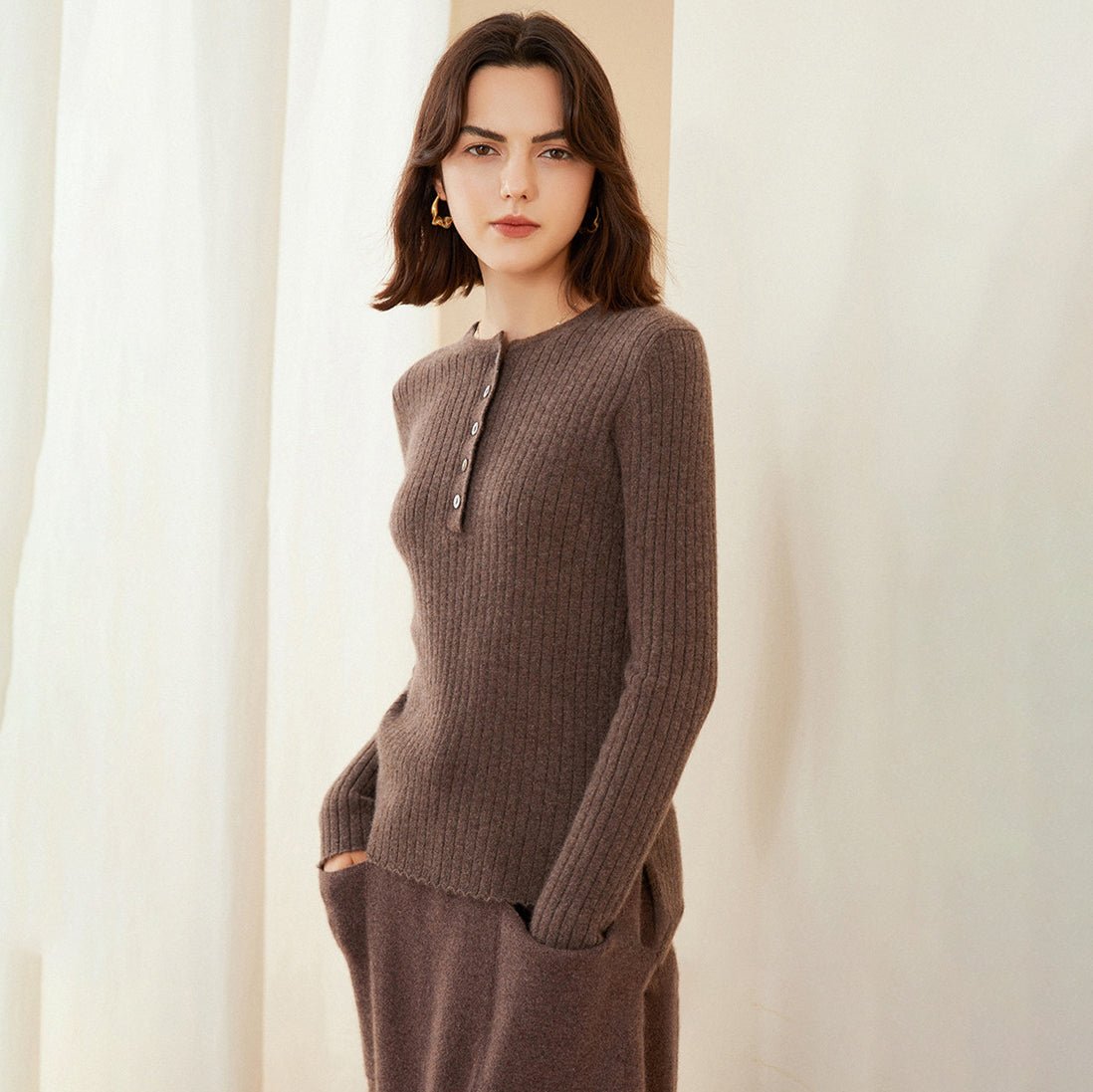 Womens Ribbed Cashmere Henley Sweater Crewneck And Button Cashmere Sweater Coffee XS