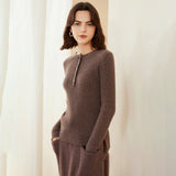 Womens Ribbed Cashmere Henley Sweater Crewneck And Button Cashmere Sweater Coffee XS
