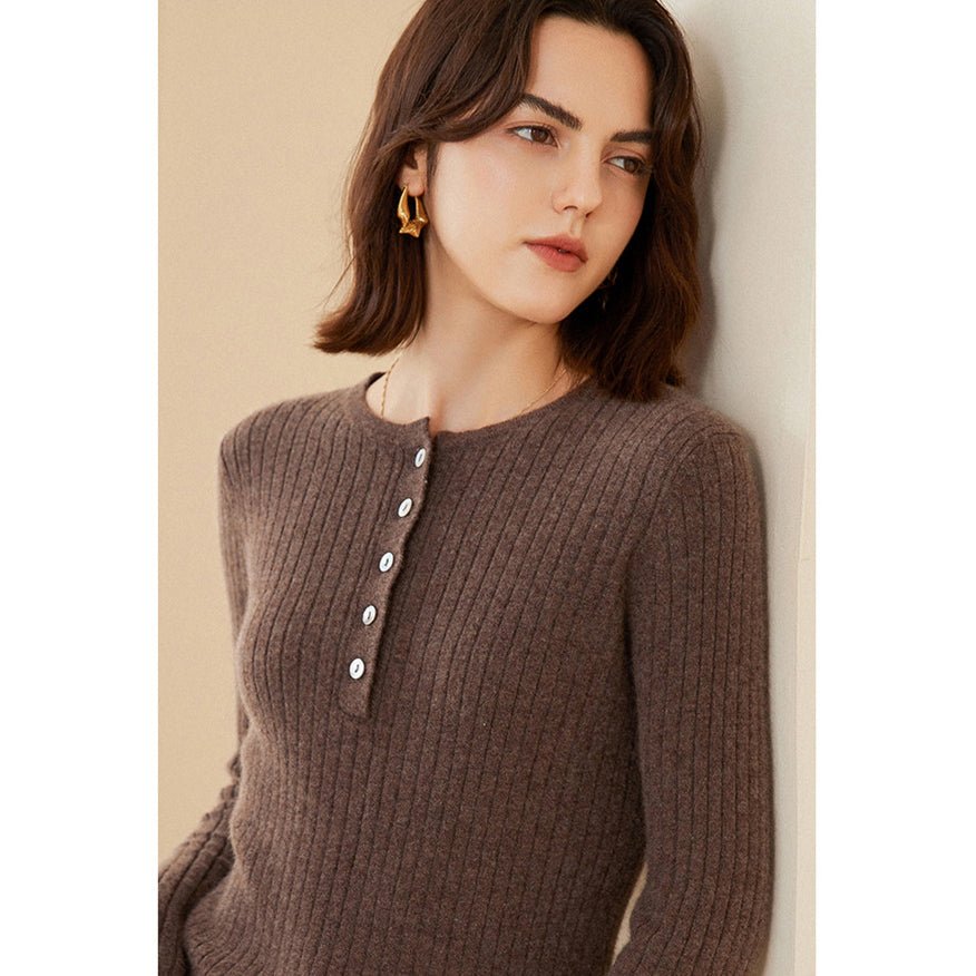 Womens Ribbed Cashmere Henley Sweater Crewneck And Button Cashmere Sweater Coffee XS