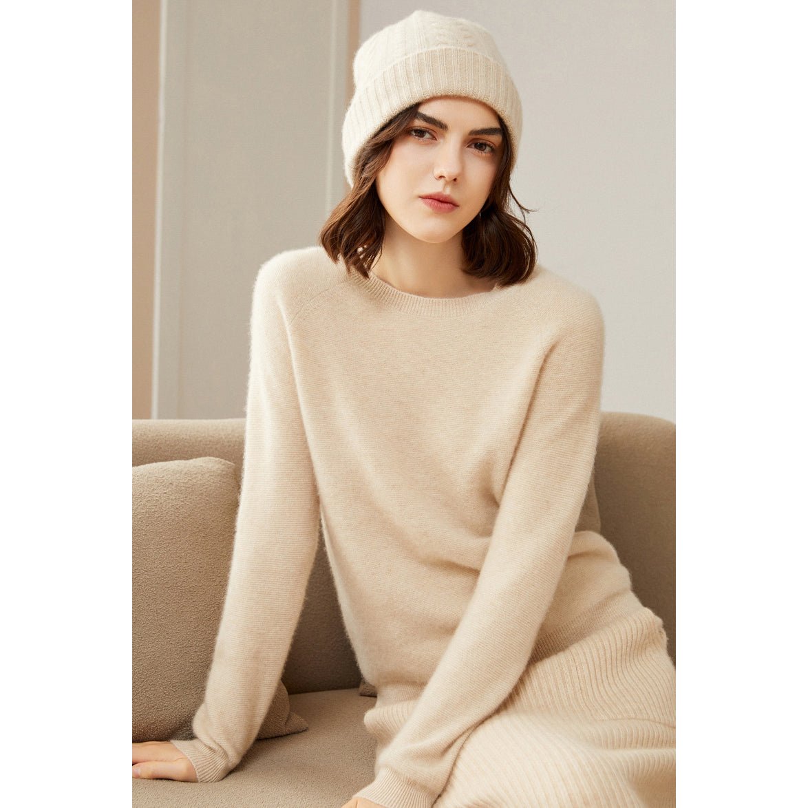 Womens Crew Neck Cashmere Sweater Long Sleeve Cashmere Pullover Beige XS