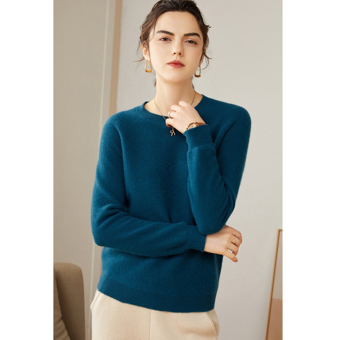 Womens Crew Neck Cashmere Sweater Long Sleeve Cashmere Pullover Ivory XS