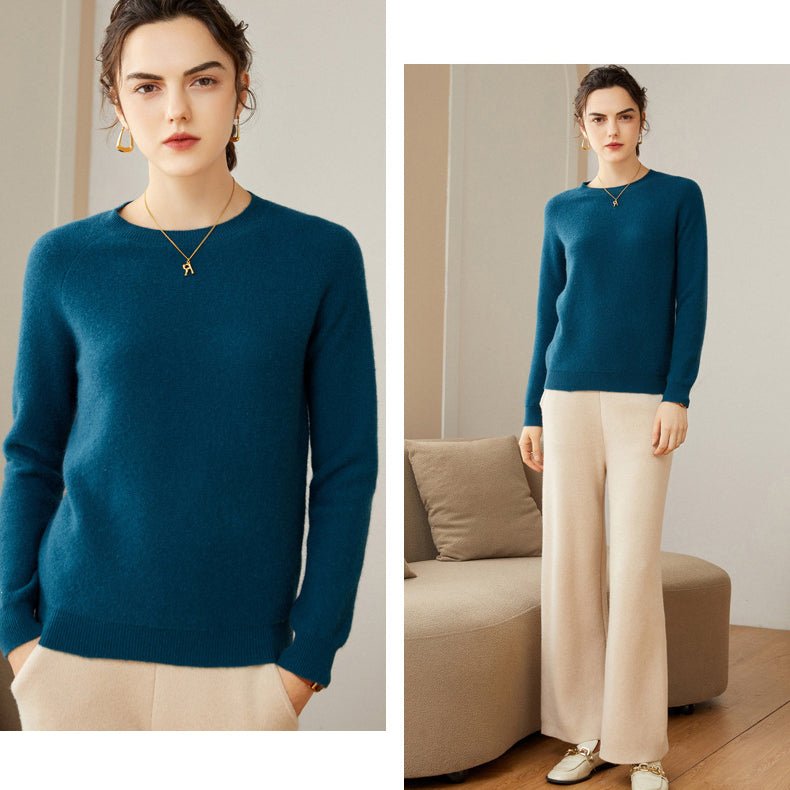 Womens Crew Neck Cashmere Sweater Long Sleeve Cashmere Pullover Ivory XS
