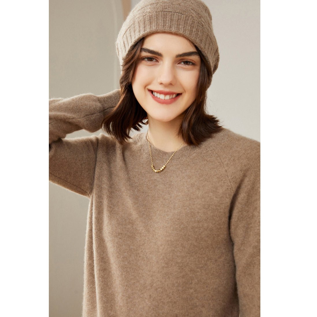 Womens Crew Neck Cashmere Sweater Long Sleeve Cashmere Pullover Taupe XS