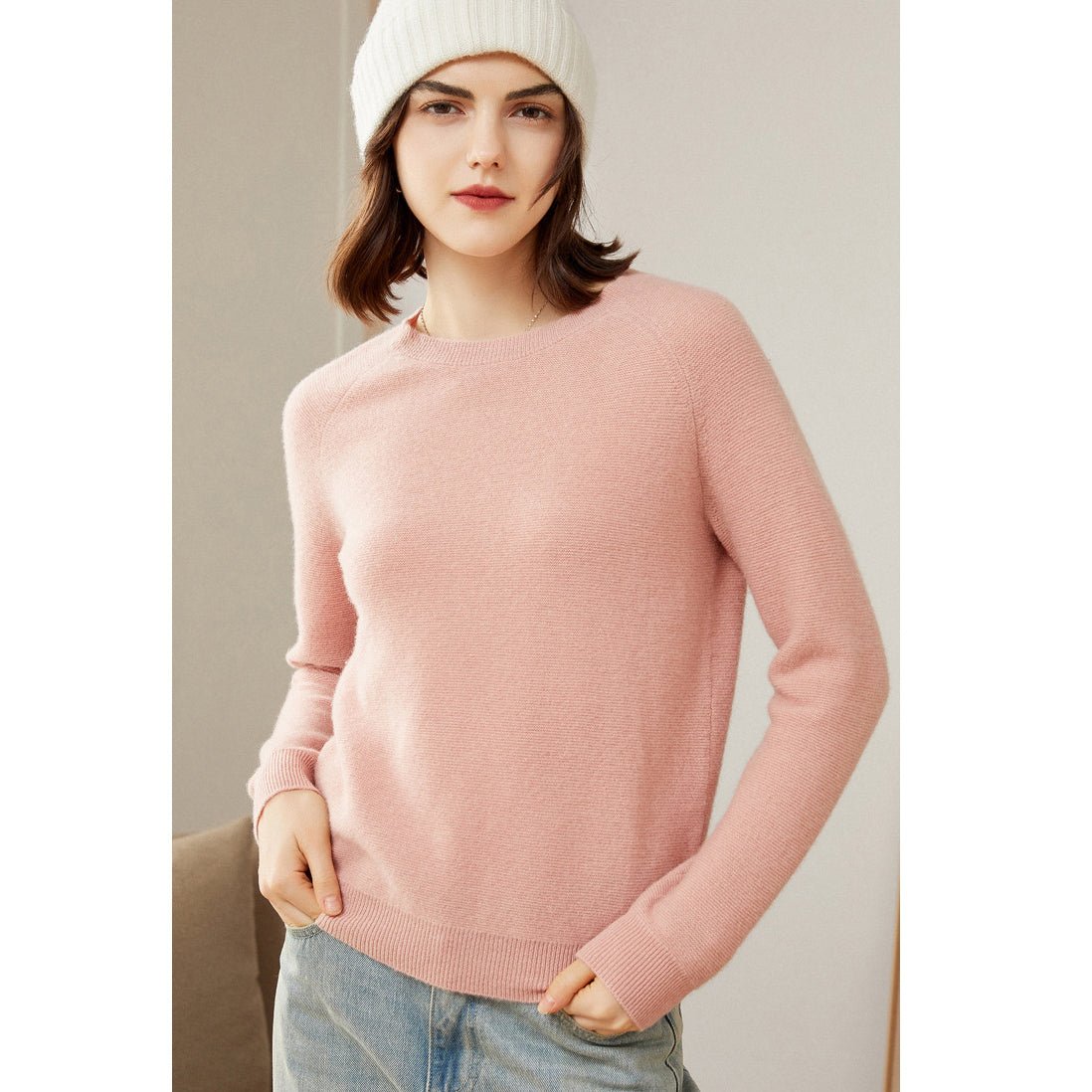 Womens Crew Neck Cashmere Sweater Long Sleeve Cashmere Pullover Pink XS