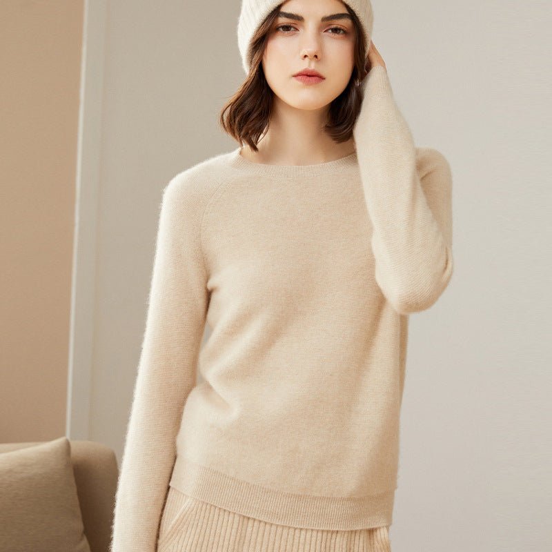 Womens Crew Neck Cashmere Sweater Long Sleeve Cashmere Pullover Beige XS