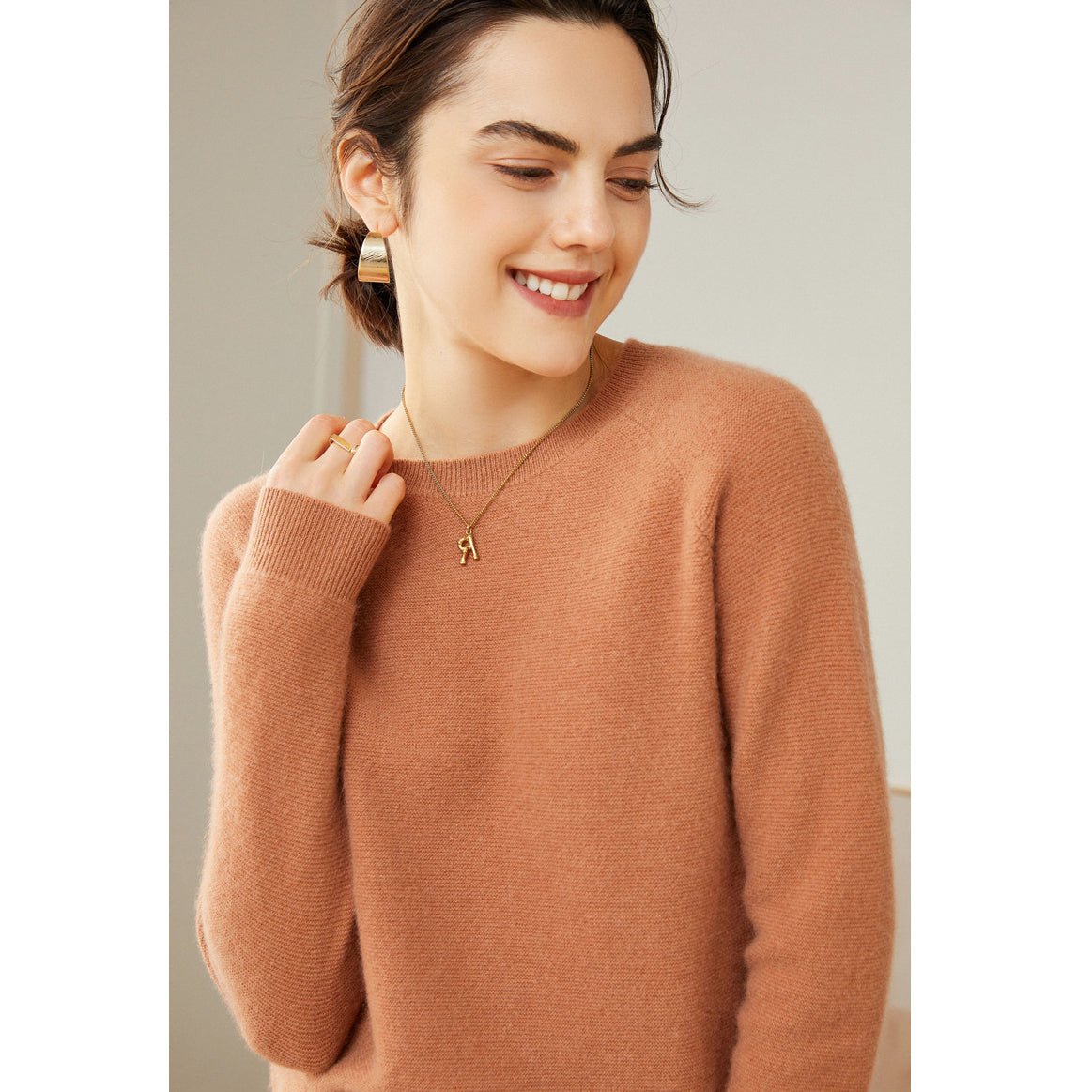 Womens Crew Neck Cashmere Sweater Long Sleeve Cashmere Pullover Camel XS